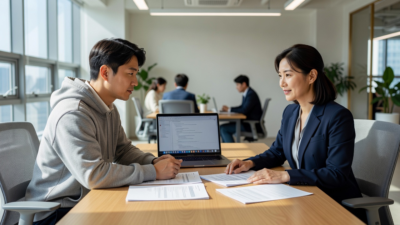 강남 웹사이트 제작 비용 논의 중인 개발자와 클라이언트